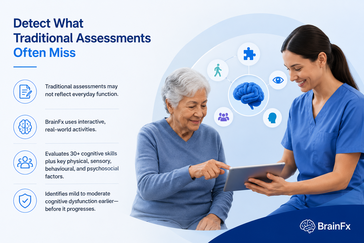 Older adult using a digital assessment interface with brain health graphics